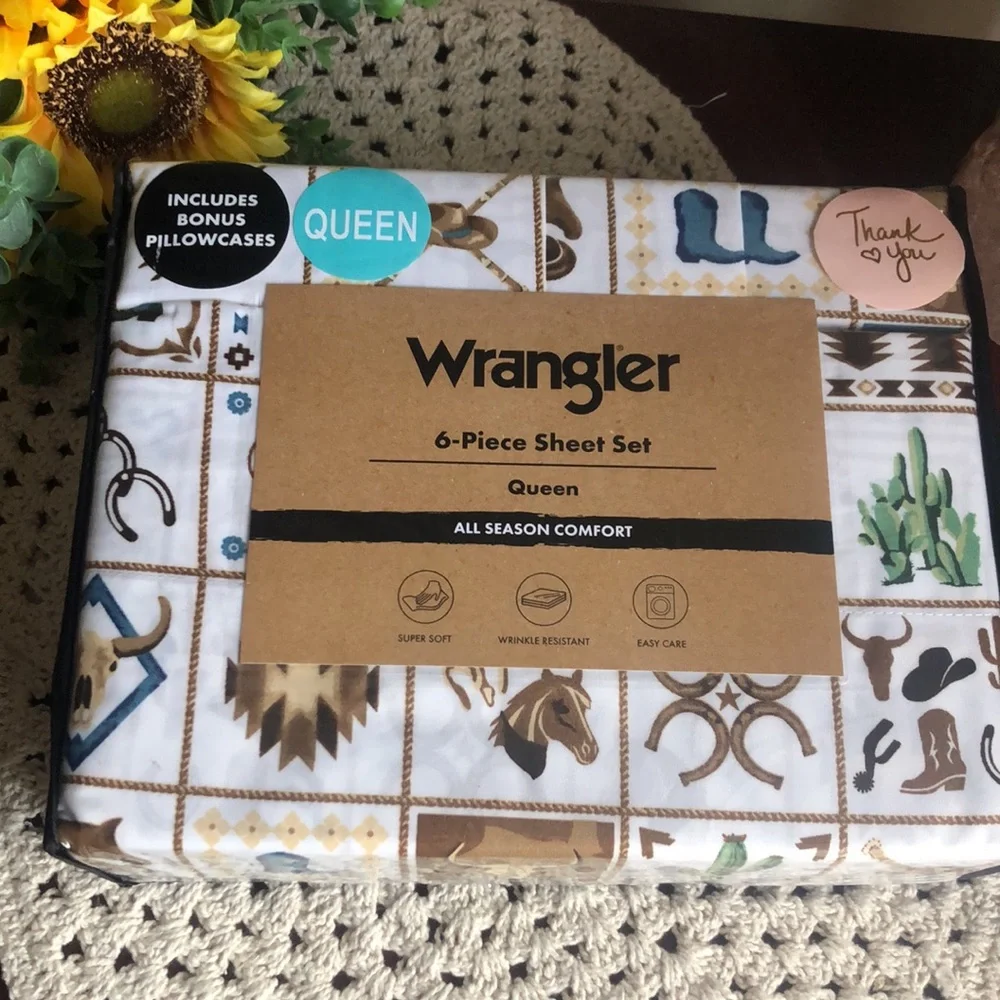 Wrangler QUEEN 6 pc sheet set White & Brown Western Print